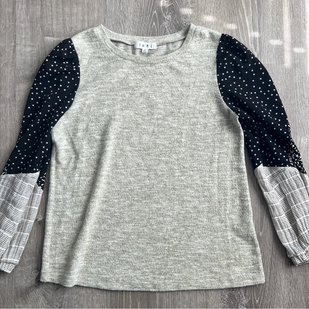 THML Anthropology sweater Gray Top with Black Patterned Sleeves